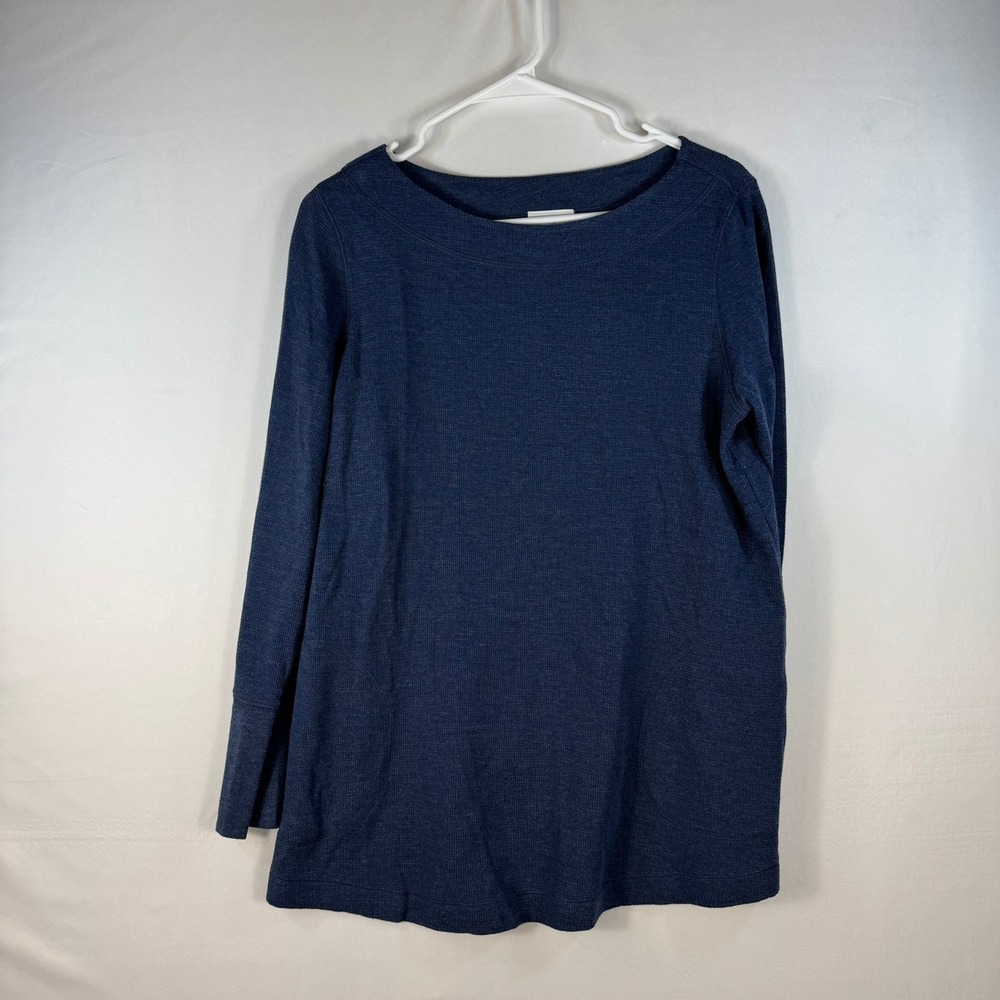 J. Jill Women Blue Waffle Knit Boat Neck Long Sleeve Top Button Cuff Detail Sz M